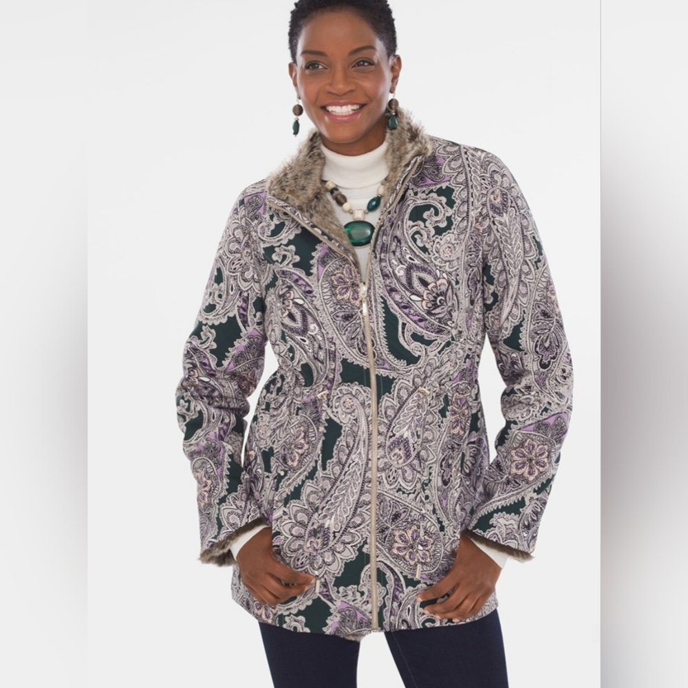 Chico's Reversible Paisley-Faux-Fur Jacket Women's Size Medium EUC